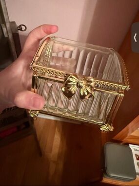 Glass Jewelry Trinket Box with Gold Bow Accent